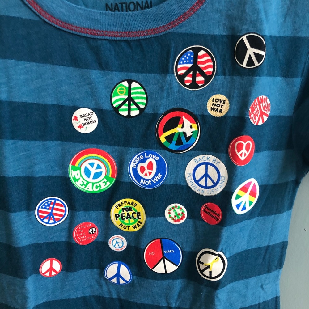 Blue Striped Peace Tee w/ Red Contrast Stitching